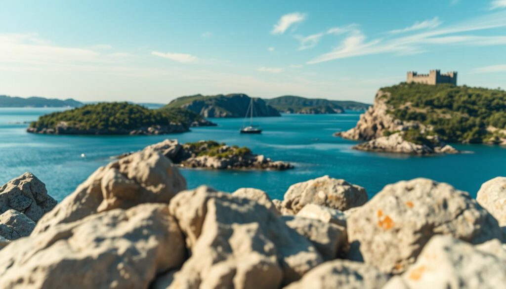 A serene view of the Schärenlandschaft surrounding Marstrand, showcasing a cluster of rocky islands and lush greenery interspersed with calm turquoise waters. In the foreground, rugged granite boulders glisten under the soft sunlight, reflecting vibrant blues and greens. The middle ground features a charming sailboat gliding smoothly across the water, with a crystal-clear sky and wisps of white clouds. In the background, the dramatic outline of Marstrand's coastline rises gently, framed by the iconic Carlsten Fortress perched on a cliff. The image is captured using a Sony A7R IV at 70mm, with sharp focus and details enhanced by a polarized filter, evoking a peaceful, idyllic atmosphere perfect for sailing and exploration.