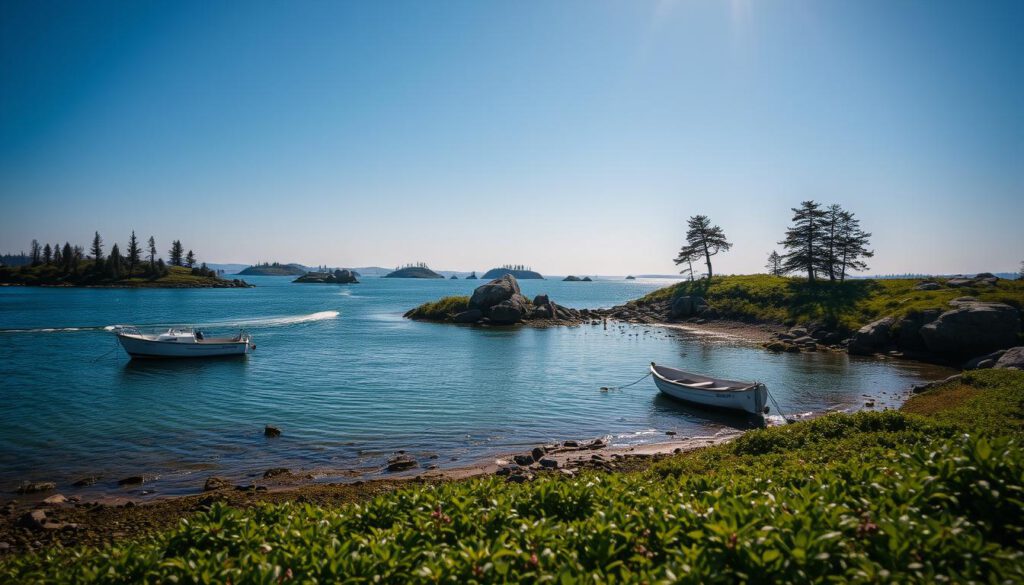A serene view of the "Umwelt Schärengarten," showcasing the delicate balance between nature and conservation on the islands of Gothenburg. In the foreground, a lush green shoreline with native plants and small rocks reflecting a vibrant ecosystem, accompanied by a few small, sleek boats anchored gently in clear waters. The middle ground reveals multiple islands dotted with pine trees and scattered boulders, rich in biodiversity, with a harmonious coexistence of wildlife. In the background, soft blue skies are illuminated by warm sunlight, casting dynamic shadows and highlights on the landscape. Captured with a Sony A7R IV at 70mm, using a polarized filter for enhanced clarity and color richness, emphasizing the peaceful and undisturbed atmosphere of this protected area.