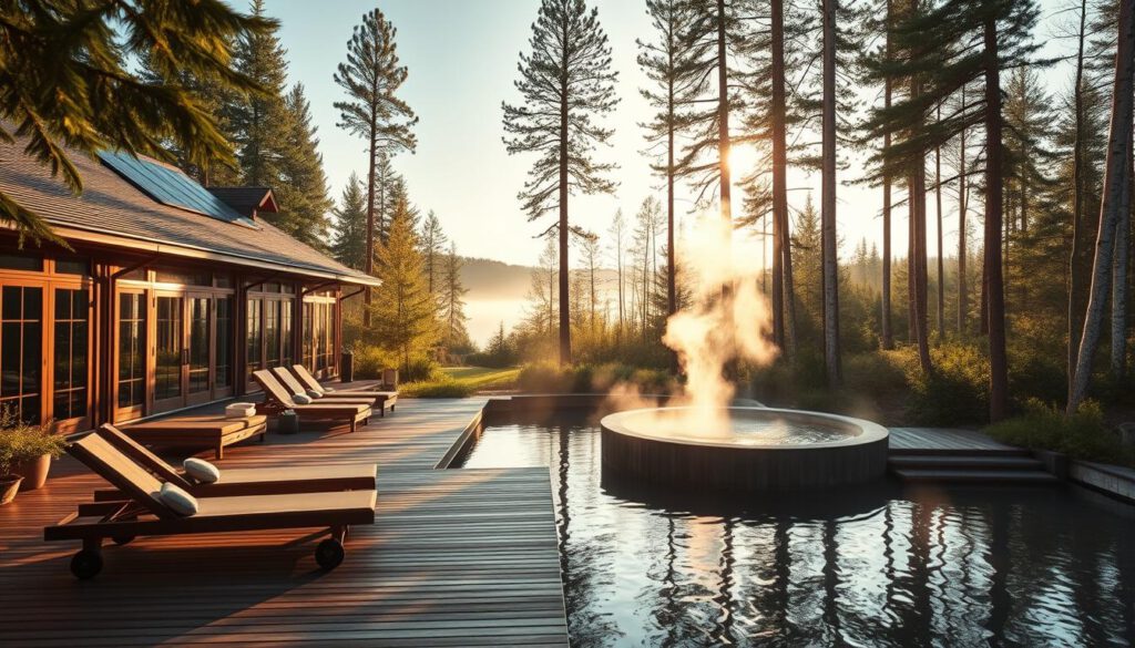 A serene wellness retreat in Sweden, showcasing an elegantly designed spa building nestled among lush greenery and tranquil waters. In the foreground, a wooden deck with comfortable loungers invites relaxation. The middle ground features a stunning outdoor hot spring, with steam rising gently into the crisp air. Surrounding the area, tall pines and birch trees create a peaceful, natural backdrop. The scene is illuminated by soft, golden hour sunlight, casting warm hues and long shadows, enhancing the atmosphere of tranquility. Captured with a Sony A7R IV at 70mm, ensuring clear focus on the intricate details of the architecture and the inviting landscape, with a polarized filter to highlight the vivid colors and serene mood.