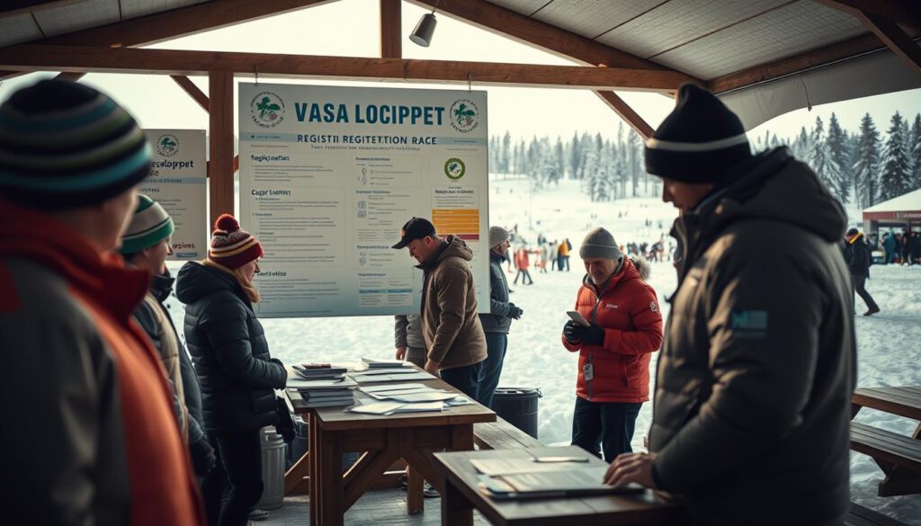 A serene winter scene showcasing the Vasaloppet ski race registration area in Mora, Sweden. In the foreground, a diverse group of participants in professional winter sports attire are engaging in registration activities, with papers and registration forms on a wooden table. The middle ground features a large information board displaying the race details and participation criteria, stylishly designed with winter motifs. The background captures the snowy landscape of Mora, with distant pine trees and spectators enjoying the atmosphere. The scene is bathed in soft, natural daylight, creating a bright and inviting ambiance. Shot on a Sony A7R IV at 70mm, with a clear focus on participants and details, using a polarized filter to enhance colors and textures.