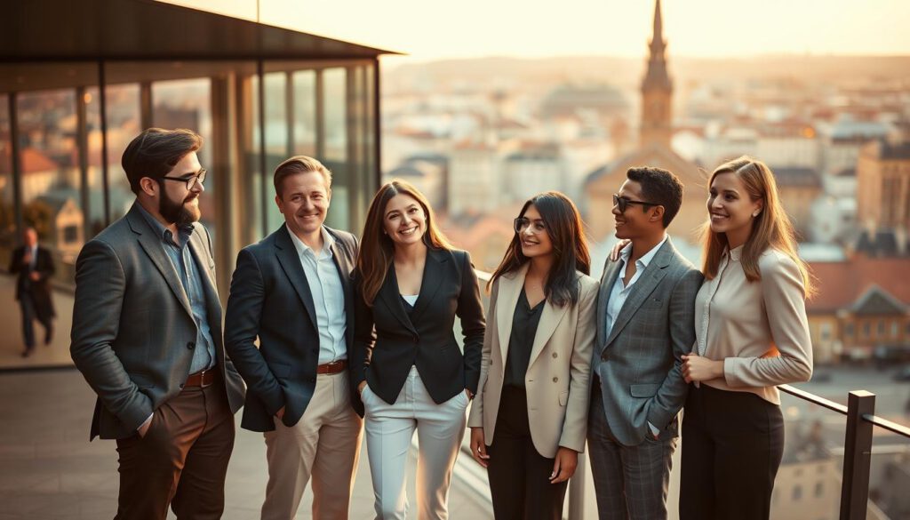 A sophisticated composition showcasing the "Markenfamilie" concept in the context of Fotografiska Stockholm. In the foreground, a diverse group of five individuals dressed in stylish, professional business attire, representing various styles from contemporary to classic. They stand confidently, engaged in conversation, smiling, radiating creativity and passion for photography. In the middle ground, a sleek, modern architectural element of Fotografiska, with its large glass windows reflecting the vibrant atmosphere of Stockholm. The background features a soft-focus cityscape, highlighting iconic landmarks, bathed in warm golden hour lighting. The image is sharply defined, shot on a Sony A7R IV at 70mm with a polarized filter for enhanced clarity and color saturation, evoking a sense of inspiration and artistic collaboration in a vibrant urban environment. A sophisticated composition showcasing the "Markenfamilie" concept in the context of Fotografiska Stockholm. In the foreground, a diverse group of five individuals dressed in stylish, professional business attire, representing various styles from contemporary to classic. They stand confidently, engaged in conversation, smiling, radiating creativity and passion for photography. In the middle ground, a sleek, modern architectural element of Fotografiska, with its large glass windows reflecting the vibrant atmosphere of Stockholm. The background features a soft-focus cityscape, highlighting iconic landmarks, bathed in warm golden hour lighting. The image is sharply defined, shot on a Sony A7R IV at 70mm with a polarized filter for enhanced clarity and color saturation, evoking a sense of inspiration and artistic collaboration in a vibrant urban environment.