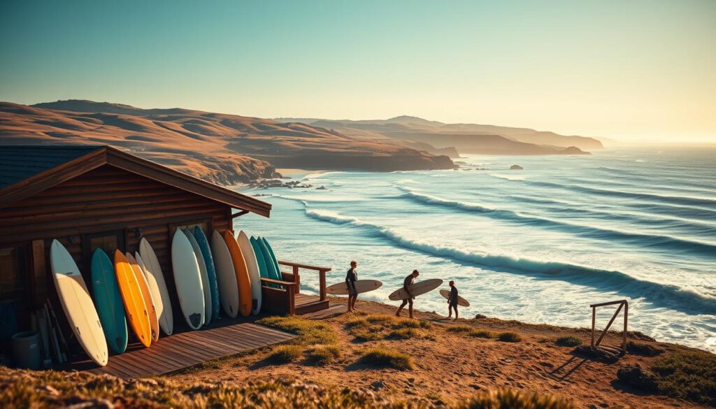 A stunning coastal scene capturing surfer accommodations along the West Coast of Sweden. In the foreground, a rustic wooden lodge with a welcoming deck overlooks the ocean, surrounded by surfboards neatly propped against the building. The middle ground features surfers in modest casual attire preparing for a session, with the vibrant blue waves crashing nearby. The background showcases a dramatic coastal landscape with rolling hills, soft sandy beaches, and patches of green vegetation under a clear sky. The lighting is warm and golden, as if at sunset, enhancing the tranquil mood. Shot with a Sony A7R IV 70mm lens, the image is clearly focused and sharply defined, utilizing a polarized filter to accentuate colors and contrast in the scene.