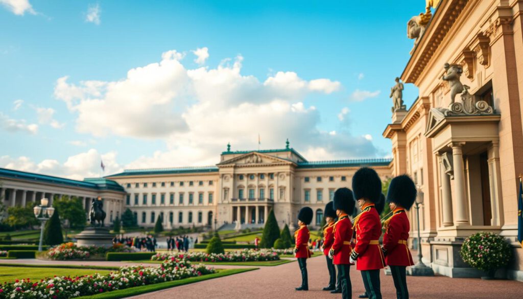 A stunning depiction of the Royal Palace in Stockholm, capturing its grand architecture with intricate details such as ornate statues and gilded accents. In the foreground, feature the Changing of the Guard ceremony, with guards in traditional uniforms standing at attention, displaying a sense of duty and tradition. The middle ground showcases the magnificent palace structure rising majestically, framed by lush green gardens and blooming flowers. In the background, a clear blue sky with soft, white clouds creates an inviting and serene atmosphere. The scene is shot with a Sony A7R IV at 70mm, ensuring crisp details and vibrant colors. The lighting is warm, evoking a sense of majesty and history, while a polarized filter enhances the hues of the surroundings.