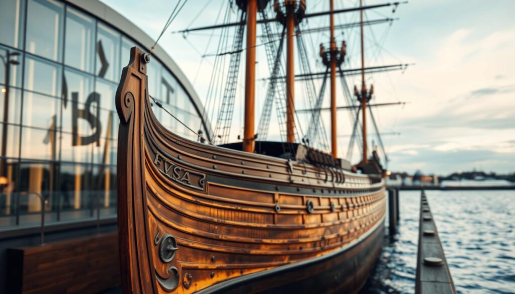 A stunning image of the Vasa Museum in Stockholm, showcasing its unique features. In the foreground, the majestic Vasa ship, beautifully preserved, dominates the scene, with intricate carvings visible on its wood. In the middle ground, the museum's modern architecture gracefully frames the ship, with large glass panels reflecting ambient light. The background features a serene waterfront, with gentle ripples on the water and a soft blue sky above, suggesting a tranquil atmosphere. The scene is illuminated with natural light, emphasizing the ship's rich colors and details, captured as if shot on a Sony A7R IV at 70mm, providing a clear focus and sharp definition. The overall mood is one of awe and history, inviting viewers to appreciate this incredible maritime relic.