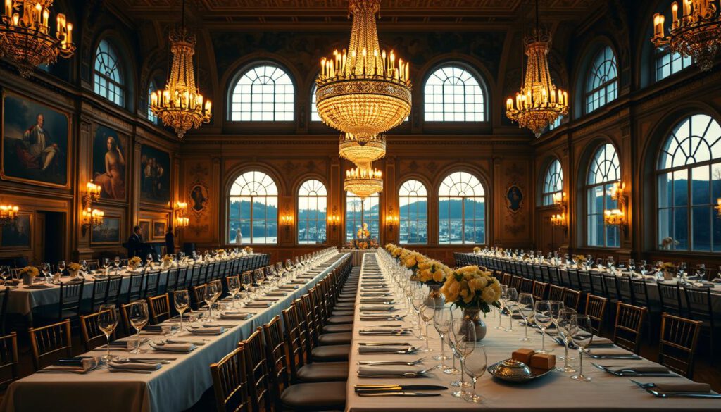 A stunning interior view of the Nobel Prize Banquet Hall in Stockholm's Stadshuset, showcasing the opulent setting for prestigious events. In the foreground, elegantly arranged long tables adorned with polished silverware and delicate floral centerpieces, reflecting the grandeur of the hall. The middle ground features magnificent chandeliers casting warm light, illuminating the intricate frescoes on the walls. In the background, large arched windows reveal a glimpse of Stockholm's landscape bathed in soft evening light, creating an inviting atmosphere. Captured with a Sony A7R IV at 70mm, the scene is sharply defined with rich details, enhanced by a polarized filter for vivid colors and contrast. The overall mood is one of sophistication and elegance, perfect for an esteemed banquet. A stunning interior view of the Nobel Prize Banquet Hall in Stockholm's Stadshuset, showcasing the opulent setting for prestigious events. In the foreground, elegantly arranged long tables adorned with polished silverware and delicate floral centerpieces, reflecting the grandeur of the hall. The middle ground features magnificent chandeliers casting warm light, illuminating the intricate frescoes on the walls. In the background, large arched windows reveal a glimpse of Stockholm's landscape bathed in soft evening light, creating an inviting atmosphere. Captured with a Sony A7R IV at 70mm, the scene is sharply defined with rich details, enhanced by a polarized filter for vivid colors and contrast. The overall mood is one of sophistication and elegance, perfect for an esteemed banquet.