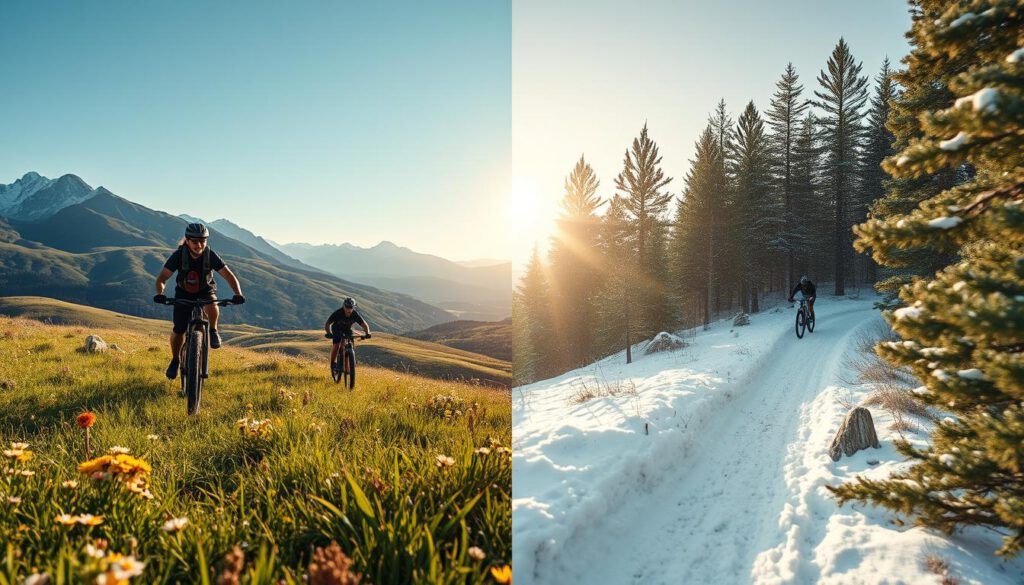 A stunning landscape split into two distinct halves, showcasing mountain biking in summer on the left and winter on the right. In the foreground, a vibrant grassy trail with two mountain bikers in casual sports attire, each riding down a sunlit path surrounded by blooming wildflowers. The middle section features rolling hills leading into rocky terrain, where snow-capped mountains loom in the background. On the right, a winter scene with a biker navigating a snowy path through a pine forest, snowflakes gently falling around. The sky is a clear blue on the summer side, with golden sunlight filtering through trees, while the winter side has a soft, diffused light creating a serene atmosphere. Shot on a Sony A7R IV at 70mm, focusing sharply on the bikers, creating a dynamic sense of movement and contrasting the seasons.