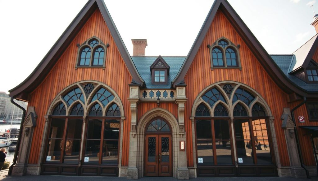 A stunning view of Feskekörka in Gothenburg, showcasing its unique architectural features. In the foreground, capture the intricate wood-paneled entrance with large, arched windows, separated by stylish stonework, reflecting the building's resemblance to a fish cathedral. The middle ground highlights the gently sloping roof and ornate gables. The background includes hints of Gothenburg's charming canals and waterfront. The scene is illuminated by soft, warm afternoon light, casting gentle shadows that emphasize the architectural details. Shot with a Sony A7R IV at 70mm, ensuring clarity and definition, with a polarized filter enhancing colors. The atmosphere is tranquil and inviting, ideal for a serene urban exploration.