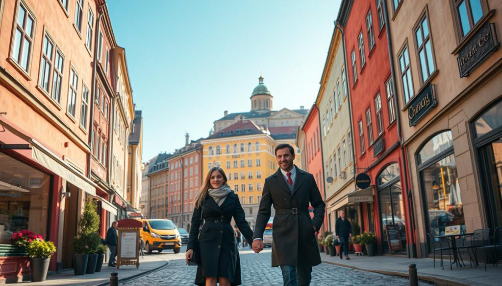 A stunning view of Gamla Stan, Stockholm's historic old town, featuring narrow cobblestone streets lined with colorful, medieval buildings and quaint cafés. In the foreground, a couple dressed in stylish, modest attire strolls hand in hand, with expressions of wonder as they explore the vibrant surroundings. The middle ground showcases charming storefronts with inviting window displays and flowering pots outside. The backdrop reveals the impressive silhouette of the Royal Palace under a clear blue sky, bathed in warm, golden sunlight. The scene is shot with a Sony A7R IV at 70mm, clearly focused and sharply defined, using a polarized filter to enhance the colors and contrast, creating a cheerful and inviting atmosphere that captures the essence of discovering Gamla Stan's enchanting alleys.