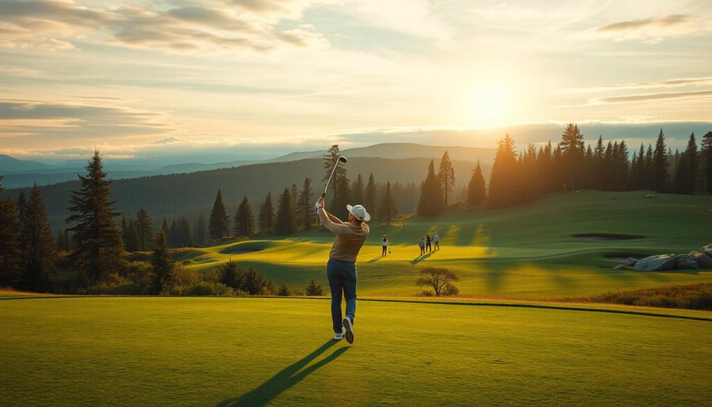 A stunning view of a northern Swedish golf course, capturing the vibrant greens of meticulously maintained fairways framed by lush, wild landscapes. In the foreground, a golfer in modest casual attire swings confidently, while a small group of players enjoy the course in the middle ground. The background reveals majestic pine trees and scattered boulders under a lingering twilight sky, showcasing the unique beauty of midnight sun. The scene is bathed in soft, golden light with long shadows casting across the terrain, enhancing the tranquility and charm of this golfing paradise. Shot with a Sony A7R IV at 70mm, sharply focused with a polarized filter to accentuate the colors and details, evoking a serene and inviting atmosphere.