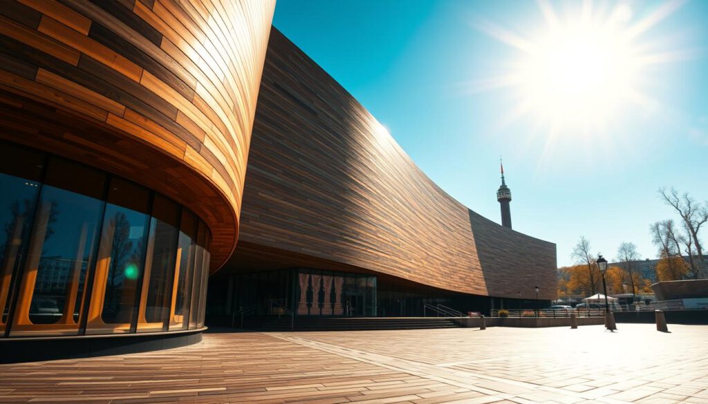 A stunning view of the Vasa Museum in Stockholm, showcasing its unique architecture. In the foreground, capture the intricate details of the museum's wooden facade, emphasizing the modern structure's curves and angles. The middle ground features the grand entrance, under a bright, clear blue sky, reflecting vibrant sunlight on the glass surfaces. In the background, include glimpses of the surrounding trees and waterfront, with gentle waves reflecting the museum's silhouette. Use a Sony A7R IV at 70mm for a clearly focused, sharply defined composition. Employ a polarized filter to enhance colors and contrast. The mood should evoke a sense of historical significance and architectural beauty, inviting viewers to appreciate the craftsmanship of the renowned Vasa Museum.