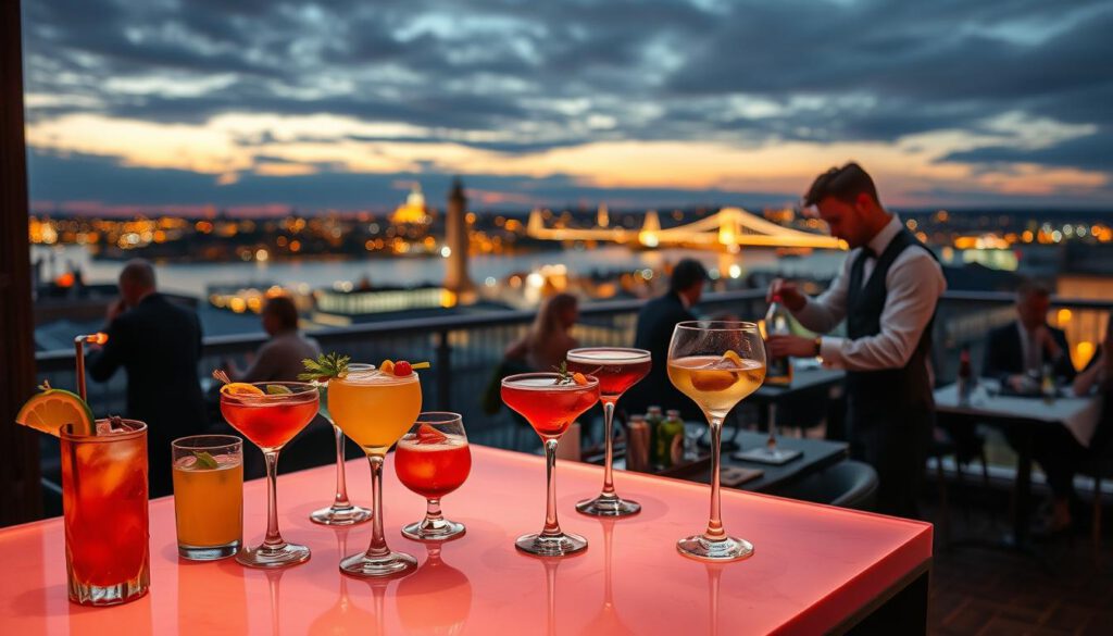 A stylish rooftop bar in Stockholm at dusk, showcasing an array of expertly crafted cocktails and drinks on a sleek, modern table. In the foreground, vibrant cocktails with colorful garnishes, ice, and elegant glassware shimmer under soft ambient lighting. The middle ground features a well-dressed bartender preparing drinks with precision, while patrons enjoy the lively atmosphere, seated around chic tables. In the background, the stunning skyline of Stockholm is illuminated by city lights against a darkening sky, with iconic buildings and bridges visible. The scene is captured with a Sony A7R IV at 70mm, ensuring clear focus and sharp detail, enhanced by a polarized filter for vivid colors. The mood is upscale and inviting, perfect for a sophisticated night out.