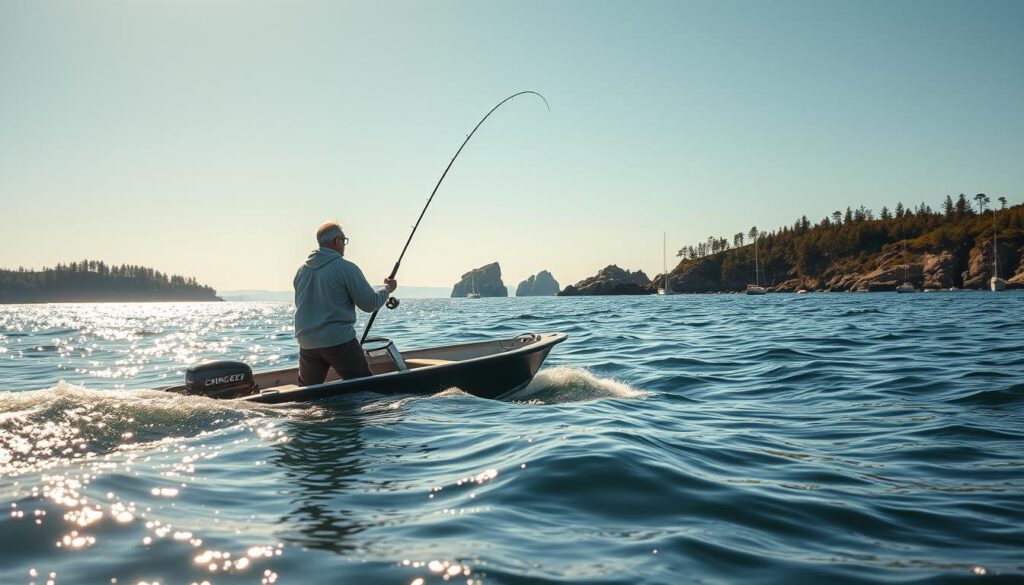 A tranquil scene of deep-sea fishing for cod off the Swedish coast, featuring an angler in modest casual clothing, intently casting a fishing line from a sleek boat. In the foreground, showcase shimmering water reflecting soft sunlight, with gentle waves highlighting the boat's movement. In the middle ground, portray a lush green shoreline dotted with pine trees, while distant fishing boats can be seen, symbolizing camaraderie among anglers. The background features distant rocky islands under a clear blue sky, enhancing the serene ambiance. Capture the moment with a Sony A7R IV at 70mm, focusing sharply on the angler, utilizing a polarized filter to enhance the vivid colors and details of the scene, creating an inspiring and inviting atmosphere.