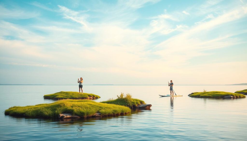 A tranquil scene of the Schären von Tjust in Småland, showcasing vibrant green islands dotted across a calm, crystal-clear waterscape. In the foreground, two stand-up paddlers glide gracefully on their boards, wearing modest casual attire and enjoying the serenity of their surroundings. The middle ground features lush greenery on the rocky islands, interspersed with patches of wildflowers reflecting the summer season. In the background, a gentle blue sky is punctuated by soft, wispy clouds, casting a warm glow over the scene as the sun approaches sunset. The image is shot with a Sony A7R IV at 70mm, clearly focused with sharp details, enhanced by a polarized filter to bring out the richness of the colors and the tranquil atmosphere of this idyllic Swedish archipelago.