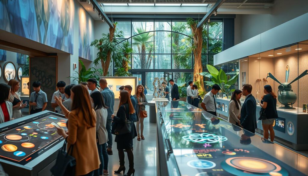 A vibrant and engaging science exhibit showcasing interactive installations in a modern educational center. In the foreground, diverse visitors of all ages, dressed in professional attire, are interacting with various hands-on exhibits, such as a digital touchscreen displaying planetary systems and a kinetic sculpture illustrating physics principles. The middle ground features a brightly lit room with large glass display cases containing colorful specimens, glowing diagrams, and engaging holograms. The background reveals a lush indoor rainforest with live plants, cascading water features, and ambient lighting that creates a sense of wonder. The scene is captured with a Sony A7R IV at 70mm, ensuring sharp focus and vivid detail, enhanced by a polarized filter for enhanced colors and clarity, evoking an atmosphere of curiosity and exploration. A vibrant and engaging science exhibit showcasing interactive installations in a modern educational center. In the foreground, diverse visitors of all ages, dressed in professional attire, are interacting with various hands-on exhibits, such as a digital touchscreen displaying planetary systems and a kinetic sculpture illustrating physics principles. The middle ground features a brightly lit room with large glass display cases containing colorful specimens, glowing diagrams, and engaging holograms. The background reveals a lush indoor rainforest with live plants, cascading water features, and ambient lighting that creates a sense of wonder. The scene is captured with a Sony A7R IV at 70mm, ensuring sharp focus and vivid detail, enhanced by a polarized filter for enhanced colors and clarity, evoking an atmosphere of curiosity and exploration.