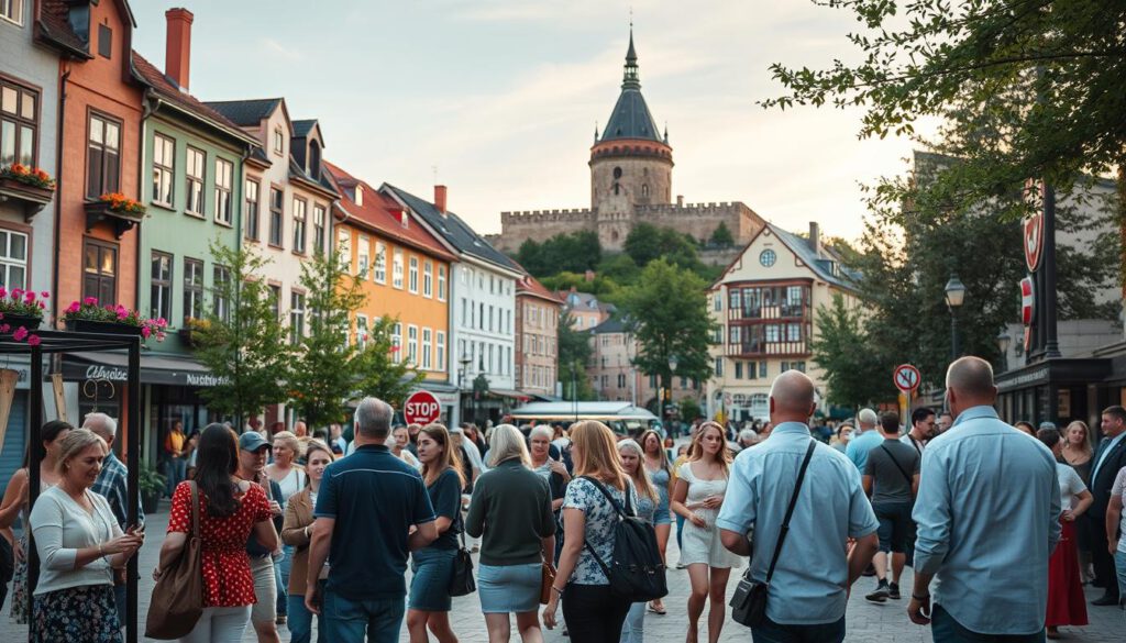 A vibrant cultural scene in Halmstad, showcasing a traditional Swedish city square bustling with life. In the foreground, a group of people in modest casual clothing engage in lively discussions near a local art installation. The middle ground features charming historical buildings, adorned with colorful flowers and green trees, indicating the beauty of Swedish architecture. In the background, the famous Halmstad Castle stands proudly, casting a warm glow under the golden hour light. The image is captured with a Sony A7R IV at 70mm, using a polarized filter for enhanced colors and clarity, emphasizing the picturesque atmosphere and vibrant culture of Halmstad. The mood is inviting and dynamic, reflecting a deep appreciation for local arts and community events.