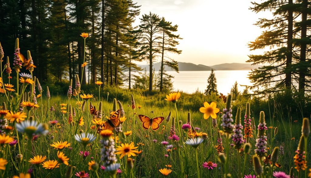 A vibrant depiction of the unique flora and fauna of the Siljan region, showcasing a rich variety of wildflowers in vivid colors like yellow, purple, and blue in the foreground. Butterflies and bees flutter among the blossoms, capturing the essence of biodiversity. In the middle ground, a lush green forest with towering conifers and deciduous trees provides a natural habitat for the region's wildlife, including a deer peeking through the foliage. The background features the serene Siljan Lake glistening under the soft golden light of a late afternoon sun, with distant hills silhouetted against a pastel sky. Shot on a Sony A7R IV 70mm lens, the image is sharply defined with a polarized filter, creating a tranquil and idyllic atmosphere that invites viewers to appreciate the natural beauty of this area. A vibrant depiction of the unique flora and fauna of the Siljan region, showcasing a rich variety of wildflowers in vivid colors like yellow, purple, and blue in the foreground. Butterflies and bees flutter among the blossoms, capturing the essence of biodiversity. In the middle ground, a lush green forest with towering conifers and deciduous trees provides a natural habitat for the region's wildlife, including a deer peeking through the foliage. The background features the serene Siljan Lake glistening under the soft golden light of a late afternoon sun, with distant hills silhouetted against a pastel sky. Shot on a Sony A7R IV 70mm lens, the image is sharply defined with a polarized filter, creating a tranquil and idyllic atmosphere that invites viewers to appreciate the natural beauty of this area.