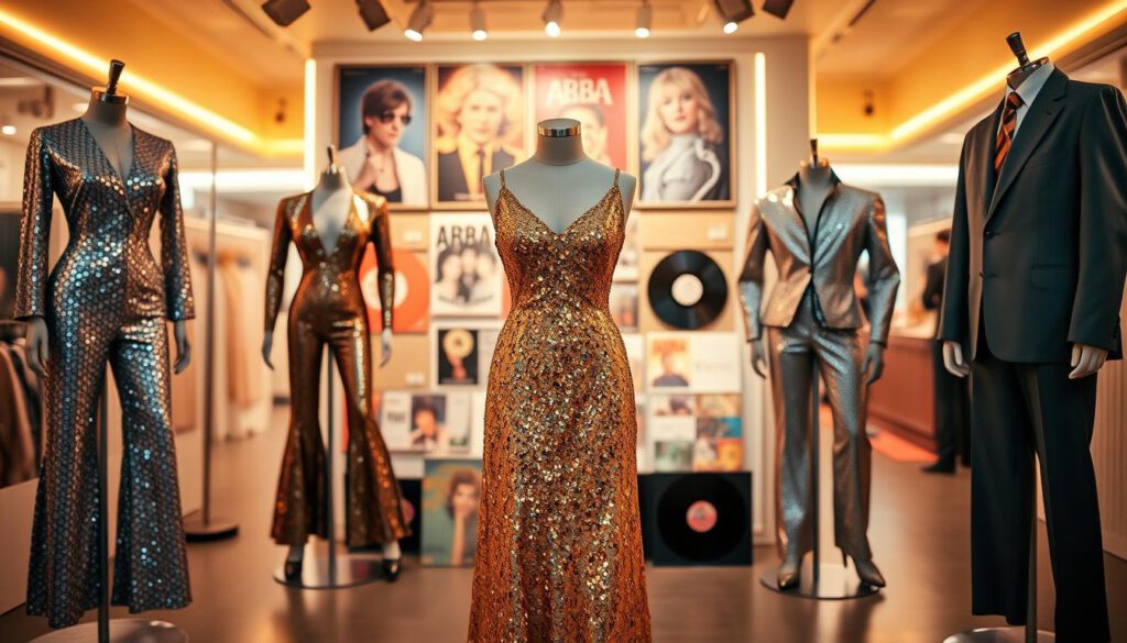 A vibrant display of ABBA costumes and memorabilia, featuring iconic outfits from their performances, such as dazzling sequined dresses and stylish suits, arranged on elegant mannequins. In the foreground, a shimmering gold dress with intricate beadwork takes center stage, flanked by a silver jumpsuit and a platform shoe. The middle ground showcases a curated collection of vintage posters, vinyl records, and fan memorabilia, all artistically lit to highlight their vivid colors. The background features soft, blurred outlines of a retro-themed exhibition space, bathed in warm golden lighting that creates a nostalgic atmosphere. Shot on a Sony A7R IV at 70mm, with a polarized filter for enhanced clarity and detail, capturing the spirit of music history in a professional and inviting setting.