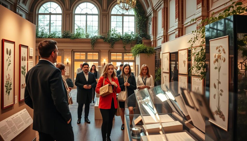 A vibrant display of the current exhibitions at the Linnaeus Museum in Uppsala, showcasing an eclectic mix of botanical illustrations, artifacts, and interactive installations. Foreground features a well-organized exhibit with detailed labels next to beautifully framed artwork of various plant species. In the middle, a group of visitors, dressed in professional attire, engage with the displays, their expressions reflecting curiosity and admiration. The background reveals the museum's elegant architecture, adorned with lush greenery from the adjoining botanical garden. The scene is bathed in warm, natural light entering through large windows, creating an inviting atmosphere. Shot on a Sony A7R IV with a 70mm lens, this sharply defined image captures the essence of a modern museum experience, inviting and educational.