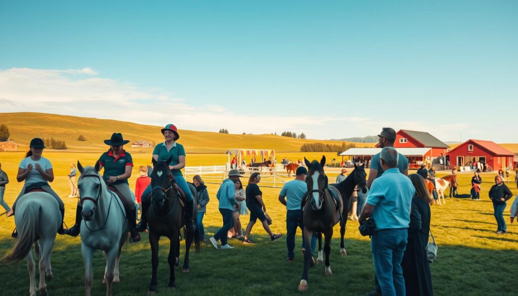 A vibrant equestrian festival in Sweden, showcasing a picturesque landscape of lush green fields and a clear blue sky. In the foreground, a group of riders on Icelandic horses, dressed in casual but professional attire, happily mingles with each other, with some preparing their horses for a friendly competition. The middle ground features a beautifully decorated riding arena with colorful banners and spectators, eagerly watching the events. In the background, typical Swedish countryside with rolling hills and a quaint stable. The scene is illuminated by warm, afternoon sunlight, creating a lively and welcoming atmosphere. Shot with a Sony A7R IV at 70mm, clearly focused, sharply defined, utilizing a polarized filter to enhance colors and contrast.