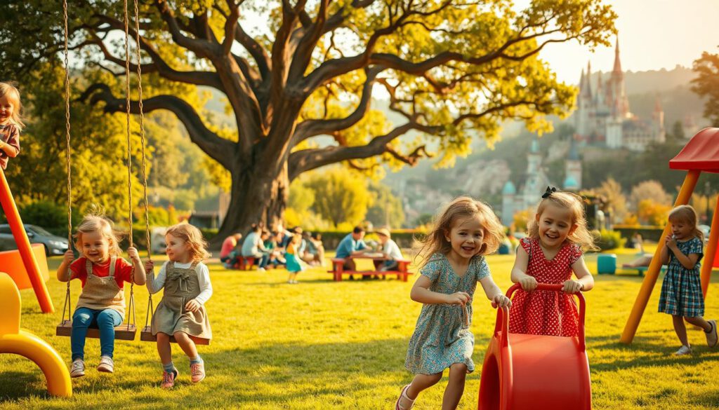 A vibrant fairy tale park filled with joyful children engaging in various activities, such as playing on whimsical swings and climbing colorful structures. The foreground features a group of children, aged 4 to 10, laughing and playing dressed in modest, casual clothing. In the middle, families enjoy a picnic on a grassy area under a large, enchanted tree. The background showcases idyllic, storybook-style scenery with charming castles and lush greenery, bathed in warm, golden sunlight. The scene is captured with a shallow depth of field, using a Sony A7R IV at 70mm, providing a sharply defined focus on the children while gently blurring the enchanting background. The atmosphere is cheerful and magical, celebrating family moments together. A vibrant fairy tale park filled with joyful children engaging in various activities, such as playing on whimsical swings and climbing colorful structures. The foreground features a group of children, aged 4 to 10, laughing and playing dressed in modest, casual clothing. In the middle, families enjoy a picnic on a grassy area under a large, enchanted tree. The background showcases idyllic, storybook-style scenery with charming castles and lush greenery, bathed in warm, golden sunlight. The scene is captured with a shallow depth of field, using a Sony A7R IV at 70mm, providing a sharply defined focus on the children while gently blurring the enchanting background. The atmosphere is cheerful and magical, celebrating family moments together.
