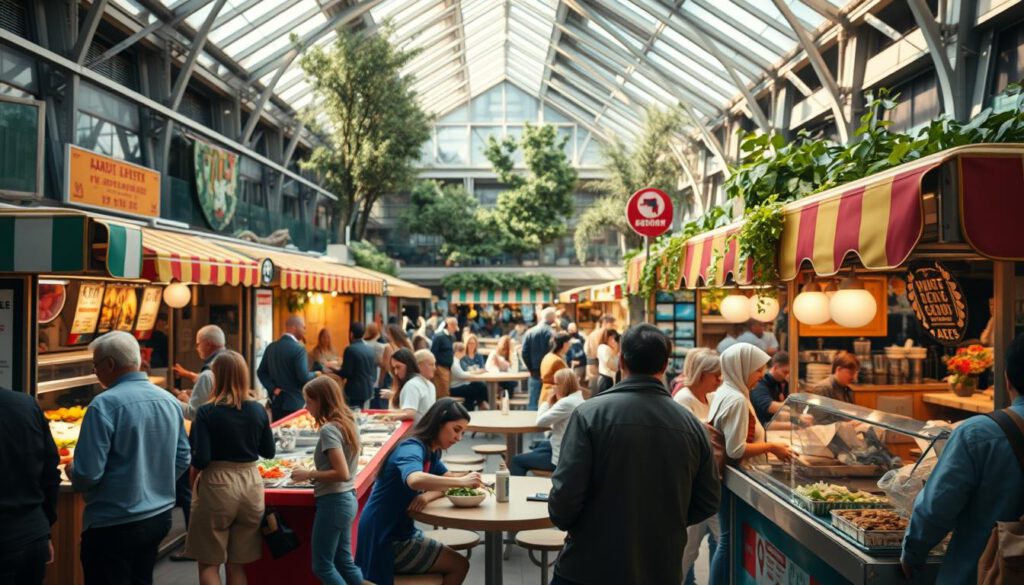 A vibrant food court in Stockholm bustling with activity, showcasing diverse food stalls offering various cuisines. In the foreground, a colorful taco stand with fresh ingredients displayed, attracting visitors. The middle area features people enjoying their meals at communal tables, dressed in casual and modest clothing, reflecting a friendly, inviting atmosphere. In the background, modern architecture of the food court surrounded by greenery, with natural light streaming through skylights. The scene captures the essence of street food culture, creating a warm and lively mood. Shot on a Sony A7R IV at 70mm, clearly focused and sharply defined, with a polarized filter enhancing colors and contrasts.