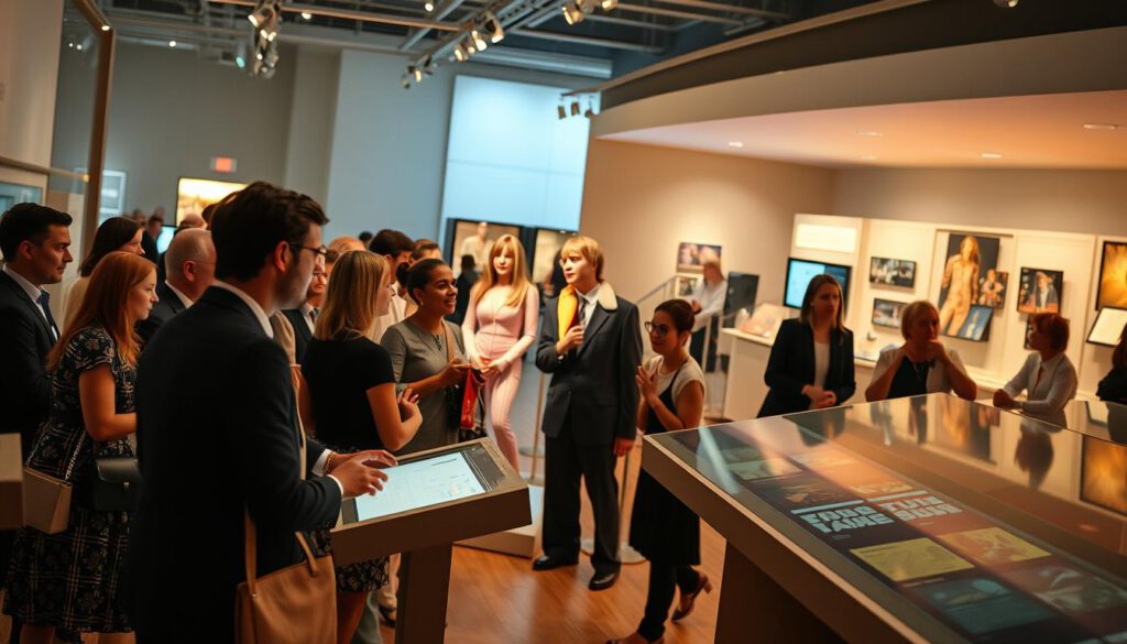 A vibrant interior scene of the ABBA Museum in Stockholm, showcasing a special exhibition dedicated to the iconic music group. In the foreground, elegantly dressed visitors of diverse backgrounds engage with interactive displays, enjoying the immersive experience. The middle grounds feature life-sized mannequins of the band members in stylish outfits from the 1970s, surrounded by colorful memorabilia and music memorabilia. The background reveals a tastefully designed exhibition hall with soft, warm lighting illuminating the space, creating an inviting atmosphere. The image is captured with a Sony A7R IV at 70mm, providing a sharp focus on the details of the displays, while a polarized filter enhances colors and contrasts, offering a lively yet sophisticated mood.