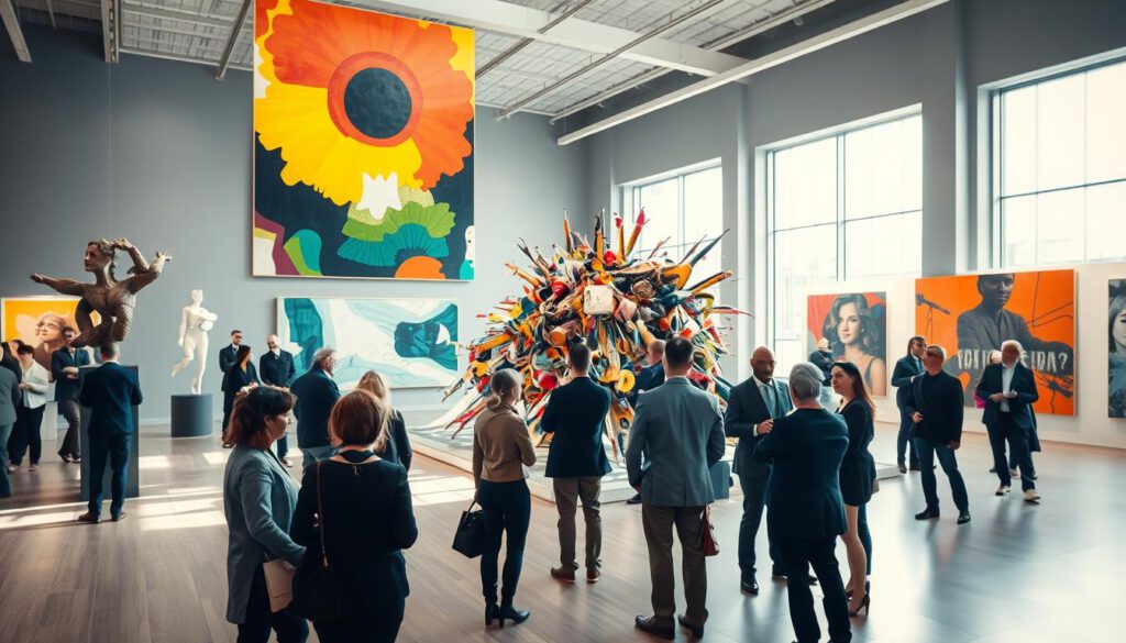 A vibrant modern art scene in a spacious gallery, featuring abstract sculptures and large colorful paintings that reflect contemporary artistic trends. In the foreground, a diverse group of art enthusiasts, dressed in professional attire, engage in conversation while observing the art pieces. The middle ground showcases a stunning installation made of mixed media, with vivid colors and intricate details that draw the eye. In the background, large windows allow natural light to flood the space, casting soft shadows and creating an inviting atmosphere. Shot on a Sony A7R IV at 70mm, the image is clearly focused and sharply defined, with a polarized filter enhancing the colors and contrast, evoking a sense of inspiration and creativity. The mood is lively and engaging, reflecting the dynamic role of Fotografiska in the modern art scene. A vibrant modern art scene in a spacious gallery, featuring abstract sculptures and large colorful paintings that reflect contemporary artistic trends. In the foreground, a diverse group of art enthusiasts, dressed in professional attire, engage in conversation while observing the art pieces. The middle ground showcases a stunning installation made of mixed media, with vivid colors and intricate details that draw the eye. In the background, large windows allow natural light to flood the space, casting soft shadows and creating an inviting atmosphere. Shot on a Sony A7R IV at 70mm, the image is clearly focused and sharply defined, with a polarized filter enhancing the colors and contrast, evoking a sense of inspiration and creativity. The mood is lively and engaging, reflecting the dynamic role of Fotografiska in the modern art scene.
