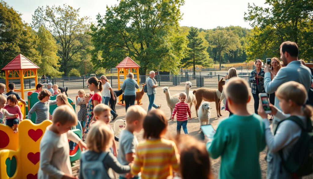 A vibrant scene at Kolmårdens Tierpark showcasing family-friendly attractions. In the foreground, children of diverse backgrounds joyfully explore a colorful playground filled with animal-themed structures and climbing frames. In the middle ground, families interact with friendly zoo animals like goats and llamas, with parents capturing memories on their smartphones. The background features lush green trees and a scenic view of the zoo’s iconic animal exhibits, bathed in warm, golden sunlight that enhances the cheerful atmosphere. Shot on a Sony A7R IV with a 70mm lens, the image is sharply defined and clear, with a polarized filter to enhance colors and details, creating an inviting and playful mood. A vibrant scene at Kolmårdens Tierpark showcasing family-friendly attractions. In the foreground, children of diverse backgrounds joyfully explore a colorful playground filled with animal-themed structures and climbing frames. In the middle ground, families interact with friendly zoo animals like goats and llamas, with parents capturing memories on their smartphones. The background features lush green trees and a scenic view of the zoo’s iconic animal exhibits, bathed in warm, golden sunlight that enhances the cheerful atmosphere. Shot on a Sony A7R IV with a 70mm lens, the image is sharply defined and clear, with a polarized filter to enhance colors and details, creating an inviting and playful mood.