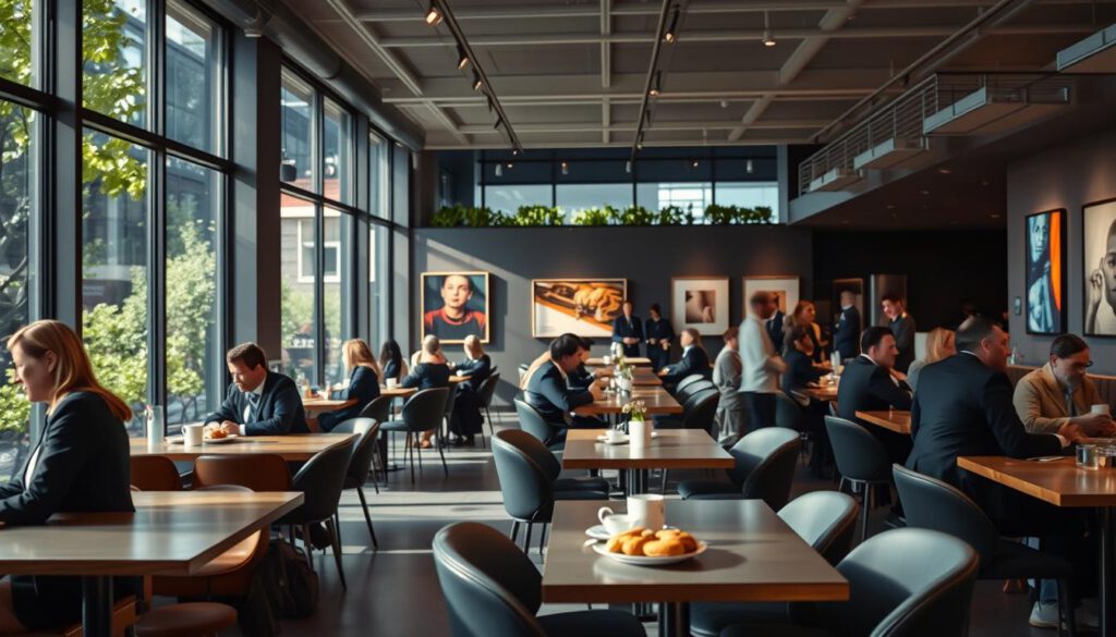 A vibrant scene capturing the visitor facilities and dining areas of Fotografiska in Stockholm. In the foreground, a sleek, modern café with stylish furniture, featuring patrons dressed in professional business attire enjoying coffee and pastries. The middle ground showcases large windows allowing natural light to pour in, illuminating the contemporary art displays on the walls. In the background, glimpses of the museum's iconic architectural design alongside lush greenery. The atmosphere is lively yet relaxed, with a focus on art and community. Shot on a Sony A7R IV at 70mm, with a polarized filter to enhance detail and clarity, ensuring sharp focus and beautifully defined textures. A vibrant scene capturing the visitor facilities and dining areas of Fotografiska in Stockholm. In the foreground, a sleek, modern café with stylish furniture, featuring patrons dressed in professional business attire enjoying coffee and pastries. The middle ground showcases large windows allowing natural light to pour in, illuminating the contemporary art displays on the walls. In the background, glimpses of the museum's iconic architectural design alongside lush greenery. The atmosphere is lively yet relaxed, with a focus on art and community. Shot on a Sony A7R IV at 70mm, with a polarized filter to enhance detail and clarity, ensuring sharp focus and beautifully defined textures.