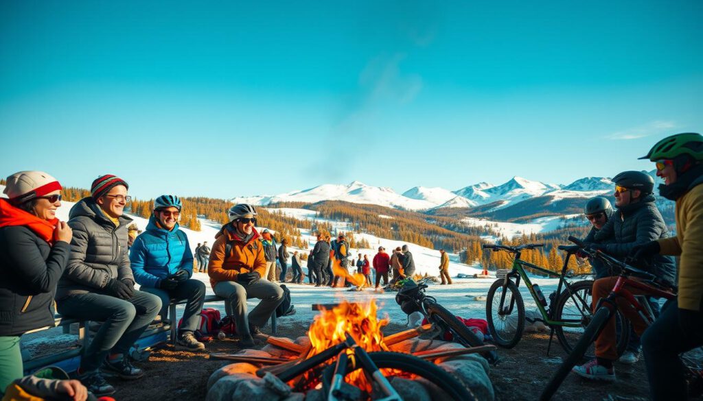 A vibrant scene depicting activities at the Aktivcamp in Idre Fjäll, showcasing a diverse group of people engaged in skiing, hiking, and mountain biking. In the foreground, a group of friends in modest casual clothing laughs and shares a moment by a cozy campfire, with ski equipment and mountain bikes scattered around them. The middle ground features a breathtaking landscape of snow-covered slopes and lush green trees under a clear blue sky. In the background, majestic mountains rise, their peaks glistening in the sunlight. The image captures a sense of adventure and camaraderie, with soft, warm lighting enhancing the inviting atmosphere. Shot on a Sony A7R IV at 70mm with a polarized filter, ensuring sharp focus and vivid colors. A vibrant scene depicting activities at the Aktivcamp in Idre Fjäll, showcasing a diverse group of people engaged in skiing, hiking, and mountain biking. In the foreground, a group of friends in modest casual clothing laughs and shares a moment by a cozy campfire, with ski equipment and mountain bikes scattered around them. The middle ground features a breathtaking landscape of snow-covered slopes and lush green trees under a clear blue sky. In the background, majestic mountains rise, their peaks glistening in the sunlight. The image captures a sense of adventure and camaraderie, with soft, warm lighting enhancing the inviting atmosphere. Shot on a Sony A7R IV at 70mm with a polarized filter, ensuring sharp focus and vivid colors.
