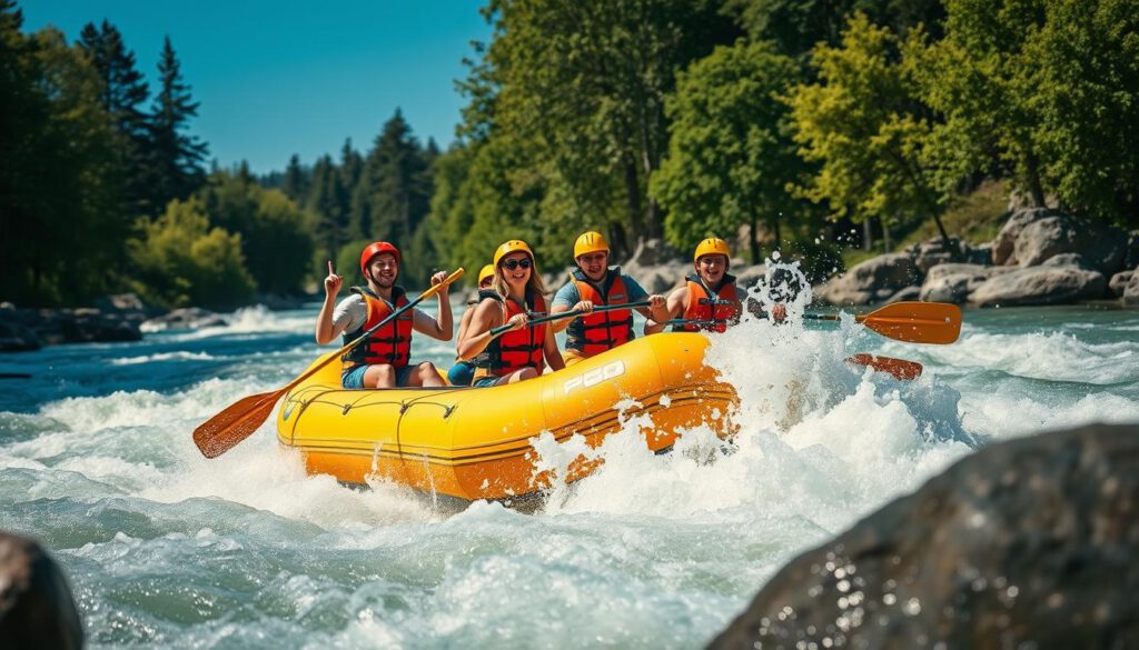 A vibrant scene depicting rafting enthusiasts navigating the exciting rapids of the Dalälven River in central Sweden. In the foreground, a diverse group of individuals in modest casual clothing, wearing life jackets and safety helmets, are joyfully paddling in a bright yellow raft, splashing water around them. The middle ground showcases rushing white water and smooth rocks, surrounded by lush green trees and the rocky banks of the river. In the background, a clear blue sky enhances the sense of adventure. The image is captured with a Sony A7R IV at 70mm, showcasing sharp details and vibrant colors, enhanced with a polarized filter to emphasize the water's movement and light reflections. The mood is exhilarating and adventurous, conveying the thrill of outdoor exploration. A vibrant scene depicting rafting enthusiasts navigating the exciting rapids of the Dalälven River in central Sweden. In the foreground, a diverse group of individuals in modest casual clothing, wearing life jackets and safety helmets, are joyfully paddling in a bright yellow raft, splashing water around them. The middle ground showcases rushing white water and smooth rocks, surrounded by lush green trees and the rocky banks of the river. In the background, a clear blue sky enhances the sense of adventure. The image is captured with a Sony A7R IV at 70mm, showcasing sharp details and vibrant colors, enhanced with a polarized filter to emphasize the water's movement and light reflections. The mood is exhilarating and adventurous, conveying the thrill of outdoor exploration.