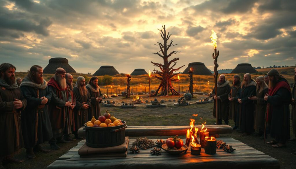 A vibrant scene depicting religious practices during the Viking Age in Gamla Uppsala. In the foreground, a group of Vikings stands in solemn prayer around a wooden altar, adorned with offerings of fruits and crafted symbols. They are dressed in modest, historically accurate attire, such as tunics and cloaks. In the middle ground, sacred trees and totems rise, surrounded by flickering torches casting warm, golden light. The background features the iconic burial mounds of Gamla Uppsala, under a cloudy twilight sky that enhances the mystical atmosphere. The image is captured with a Sony A7R IV at 70mm, creating a sharp and defined focus on the rituals, with a polarized filter to intensify colors and contrast. The overall mood is reverent and contemplative, inviting viewers to explore Viking spirituality.