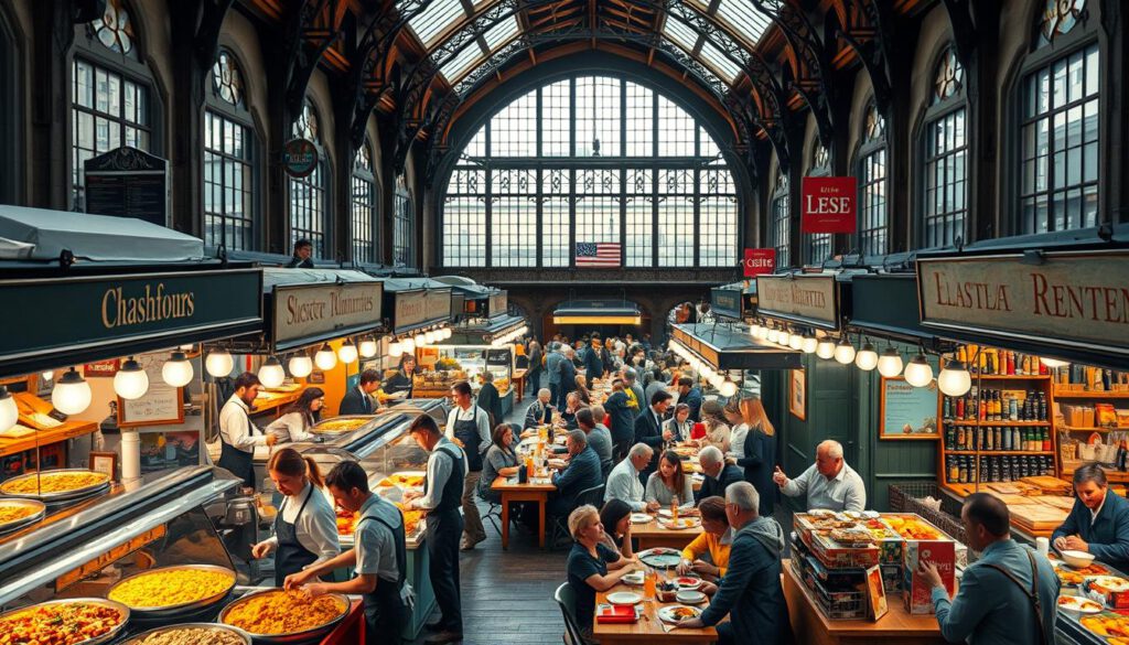 A vibrant scene depicting the history of food courts in Stockholm, showcasing a bustling indoor market filled with various street food stalls. In the foreground, diverse vendors in professional attire enthusiastically serve a variety of dishes, from traditional Swedish fare to international street food, with colorful food displays and eager customers. The middle ground displays patrons dining at communal tables, immersed in conversation, creating a lively atmosphere. The background features architectural elements of a historic Stockholm market hall, with large windows allowing natural light to pour in, highlighting the bustling activity within. The image is shot with a Sony A7R IV at 70mm, ensuring clear focus and sharp definition, enhanced by a polarized filter for vibrant colors, conveying a warm and inviting mood.