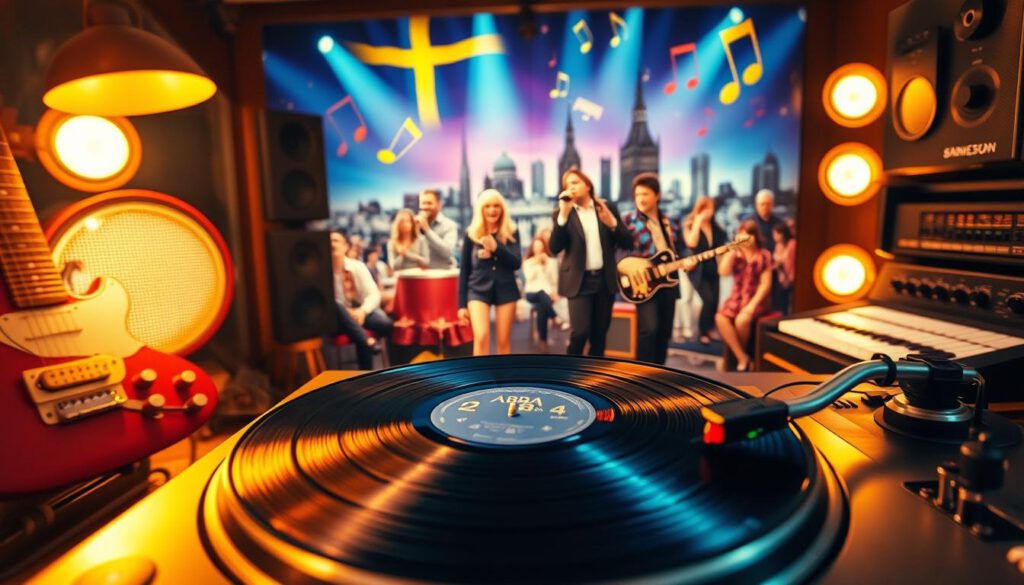 A vibrant scene depicting the rich tapestry of Swedish music history, showcasing iconic elements. In the foreground, a vinyl record player spins a classic ABBA album, surrounded by vintage instruments like a guitar and a synthesizer. The middle layer features a collage of famous Swedish musicians, like Roxette and Ace of Base, depicted in a lively concert setting, dressed in stylish 1970s and 1980s clothing. The background includes an abstract representation of the Swedish skyline, infused with musical notes and symbols flowing through the air, symbolizing creativity and inspiration. The lighting is warm and inviting, creating a nostalgic atmosphere, captured with a Sony A7R IV at 70mm, ensuring sharp details and clarity. A polarized filter enhances the color richness, creating a captivating visual narrative of Sweden’s musical legacy.