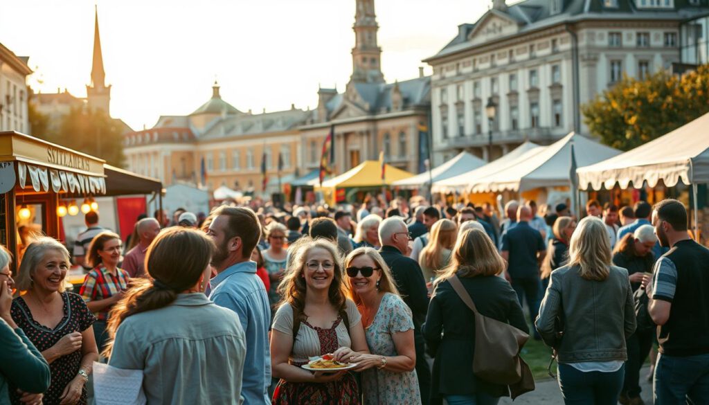 A vibrant scene depicting various events and festivals in Uppsala, showcasing a lively outdoor atmosphere. In the foreground, groups of people in modest casual clothing enjoy traditional Swedish food from stalls, laughing and sharing moments. The middle ground features colorful tents and decorations, with festive banners fluttering in the breeze, while performers engage the crowd with music and dance. In the background, iconic landmarks like the Uppsala Cathedral and the university building can be seen, bathed in soft golden hour lighting, enhancing the celebratory mood. Shot on a Sony A7R IV at 70mm, the image is sharply defined with a polarized filter, capturing every detail, with an inviting and joyful atmosphere.