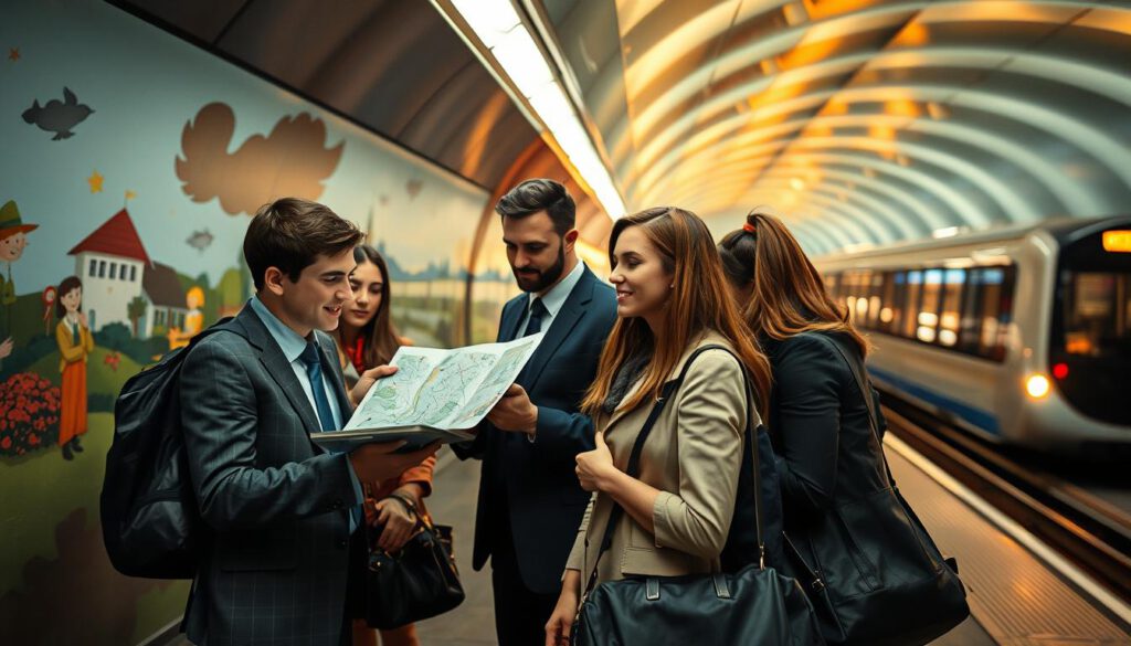 A vibrant scene from inside the Tunnelbana in Stockholm, showcasing the unique and artistic design of the subway station. In the foreground, a modern, well-dressed group of travelers, including men and women in professional attire, engage with a digital map, their expressions a mix of curiosity and excitement. The middle ground highlights the beautifully painted walls depicting Swedish culture, as smooth train tracks stretch seamlessly into the distance. The background features a sleek, softly lit subway train approaching, illuminated by warm, inviting lights reflecting off the polished surfaces. The overall mood is one of exploration and wonder, captured with a sharp focus, using a Sony A7R IV at 70mm with a polarized filter to enhance color vibrancy and clarity.