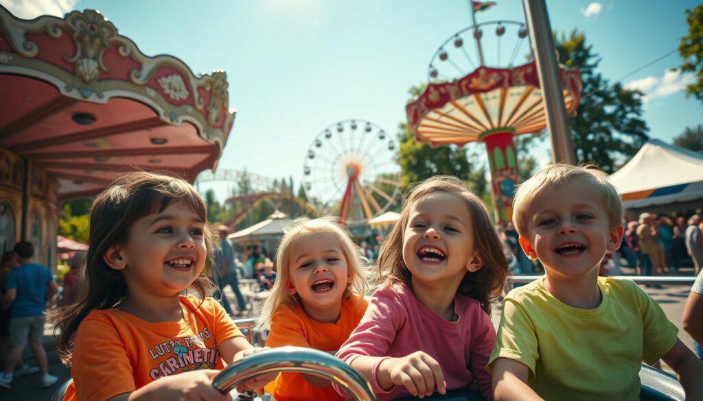 A vibrant scene of a family enjoying a day at Liseberg amusement park in Gothenburg, Sweden. In the foreground, cheerful children with bright, colorful clothing are seen laughing as they ride a carousel, their faces filled with joy. The middle ground features iconic amusement park rides like roller coasters and ferris wheels, bustling with visitors. In the background, lush green trees and blue skies create a picturesque atmosphere. The image captures the action and laughter of a perfect family outing, illuminated by warm sunlight, giving a joyful and inviting mood. Shot on a Sony A7R IV at 70mm, the composition is sharply defined with a polarized filter, enhancing the vibrant colors and clear details of the park. A vibrant scene of a family enjoying a day at Liseberg amusement park in Gothenburg, Sweden. In the foreground, cheerful children with bright, colorful clothing are seen laughing as they ride a carousel, their faces filled with joy. The middle ground features iconic amusement park rides like roller coasters and ferris wheels, bustling with visitors. In the background, lush green trees and blue skies create a picturesque atmosphere. The image captures the action and laughter of a perfect family outing, illuminated by warm sunlight, giving a joyful and inviting mood. Shot on a Sony A7R IV at 70mm, the composition is sharply defined with a polarized filter, enhancing the vibrant colors and clear details of the park.