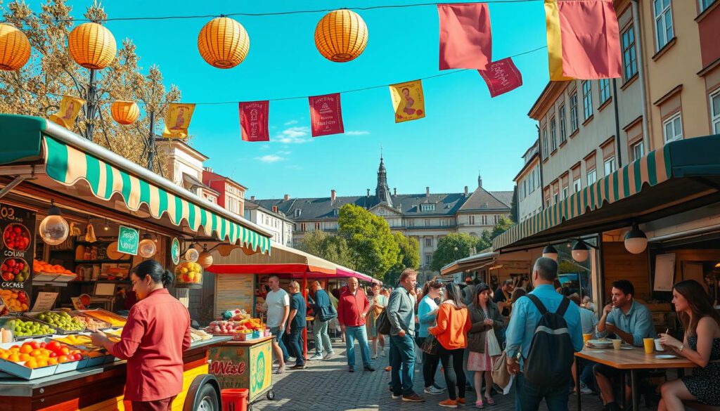 A vibrant scene of a seasonal market in Stockholm, showcasing colorful stalls filled with fresh produce, handmade crafts, and diverse street food cuisines. In the foreground, a cheerful vendor, dressed in modest casual clothing, serves customers delicious snacks from a bustling food truck. The middle ground features local families and friends enjoying their meals together, surrounded by vivid banners and decorative lights, evoking a festive atmosphere. In the background, iconic Stockholm architecture peeks through, with cobblestone streets and green trees under a clear blue sky. Captured with a Sony A7R IV at 70mm, the image is sharply defined and clearly focused, with warm afternoon lighting and a polarized filter enhancing the colors, creating a welcoming and lively ambiance.