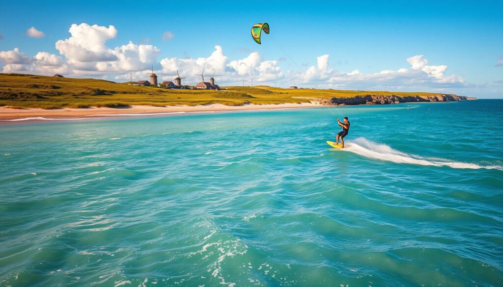 A vibrant scene of kitesurfing on the picturesque coastline of Öland, Sweden. In the foreground, an athletic kitesurfer expertly maneuvers across the crystal-clear turquoise waters, their colorful kite soaring against the blue sky. In the middle ground, gentle waves create ripples, reflecting the warm sunlight. On the shoreline, lush green grass and sandy areas provide a perfect contrast. The background features distant windmills and cliffs, showcasing Öland’s natural beauty. The image captures a bright, sunny day with dynamic clouds, creating an exhilarating atmosphere. Shot with a Sony A7R IV at 70mm, the focus is sharp and clearly defined, enhanced by a polarized filter, emphasizing the vibrant colors and lively action of kitesurfing.