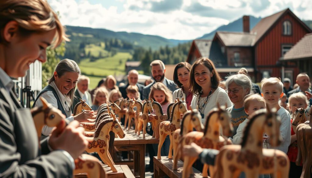 A vibrant scene showcasing the impact of the Dala horse workshop on the local community in Nusnäs. In the foreground, artisans, dressed in professional business attire, paint intricate designs on wooden Dala horses, demonstrating traditional craftsmanship. In the middle ground, smiling families of diverse backgrounds engage with the artisans, creating a lively atmosphere. Nearby, a small group of children watches, eyes wide with curiosity, as they learn about the cultural significance of the Dala horse. In the background, scenic Swedish landscapes with lush greenery and quaint buildings accentuate the charm of the village. The lighting is warm, capturing the essence of a sunny day, creating a welcoming and uplifting mood. Shot with a Sony A7R IV at 70mm, focused and sharply defined, enhanced by a polarized filter for clarity. A vibrant scene showcasing the impact of the Dala horse workshop on the local community in Nusnäs. In the foreground, artisans, dressed in professional business attire, paint intricate designs on wooden Dala horses, demonstrating traditional craftsmanship. In the middle ground, smiling families of diverse backgrounds engage with the artisans, creating a lively atmosphere. Nearby, a small group of children watches, eyes wide with curiosity, as they learn about the cultural significance of the Dala horse. In the background, scenic Swedish landscapes with lush greenery and quaint buildings accentuate the charm of the village. The lighting is warm, capturing the essence of a sunny day, creating a welcoming and uplifting mood. Shot with a Sony A7R IV at 70mm, focused and sharply defined, enhanced by a polarized filter for clarity.