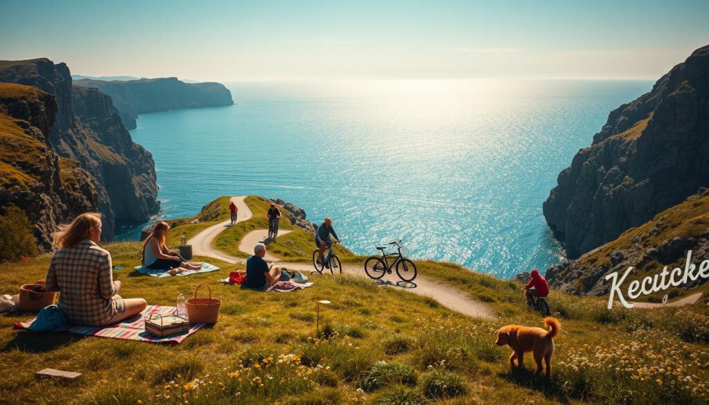 A vibrant scene showcasing various activities on the Koster Islands, Sweden's westernmost inhabited islands. In the foreground, a small group of people in modest casual clothing is enjoying a picnic on grassy cliffs overlooking the rocky coastline, with colorful picnic blankets and baskets. In the middle ground, other visitors can be seen cycling along a winding path that snakes through wildflowers, while a friendly dog plays nearby. The background features rugged cliffs and the shimmering blue sea, under a clear sky with soft, golden sunlight creating a warm, inviting atmosphere. Shot on a Sony A7R IV at 70mm, with a polarized filter for enhanced colors and sharp focus, capturing the serene beauty and leisure of island life.