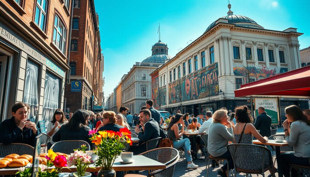 A vibrant street scene in Göteborg showcasing its diverse culture, featuring a bustling outdoor café with people enjoying coffee, dressed in stylish casual attire. In the foreground, tables adorned with colorful flowers and a selection of pastries create an inviting atmosphere. The middle ground highlights towering 19th-century architecture, with striking murals and art installations that reflect the city's creative spirit. In the background, the iconic Göteborg Opera House is visible against a clear blue sky, enhancing the city's cultural landmarks. Natural sunlight bathes the scene in warm tones, with a slight lens flare for a dreamy effect. Shot on a Sony A7R IV at 70mm, ensuring sharp focus and vivid colors, capturing the essence of Göteborg's lively and artistic environment. A vibrant street scene in Göteborg showcasing its diverse culture, featuring a bustling outdoor café with people enjoying coffee, dressed in stylish casual attire. In the foreground, tables adorned with colorful flowers and a selection of pastries create an inviting atmosphere. The middle ground highlights towering 19th-century architecture, with striking murals and art installations that reflect the city's creative spirit. In the background, the iconic Göteborg Opera House is visible against a clear blue sky, enhancing the city's cultural landmarks. Natural sunlight bathes the scene in warm tones, with a slight lens flare for a dreamy effect. Shot on a Sony A7R IV at 70mm, ensuring sharp focus and vivid colors, capturing the essence of Göteborg's lively and artistic environment.