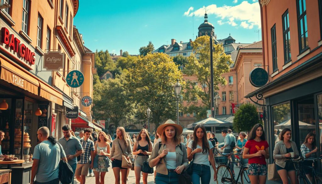 A vibrant street scene in Södermalm, showcasing a trendy hipster neighborhood filled with vintage shops and cozy cafés. In the foreground, a diverse group of casually dressed young adults explore the area, enjoying local pastries and coffee. The middle ground features charming storefronts with colorful signage, eclectic window displays, and bicycles parked outside. The background showcases the iconic Södermalm skyline with lush greenery and historic buildings under a clear blue sky. The lighting is warm and inviting, capturing the golden glow of late afternoon sun, shot using a Sony A7R IV at 70mm with a polarized filter for enhanced clarity and contrast. The atmosphere is lively and welcoming, reflecting the creative spirit of this urban oasis. A vibrant street scene in Södermalm, showcasing a trendy hipster neighborhood filled with vintage shops and cozy cafés. In the foreground, a diverse group of casually dressed young adults explore the area, enjoying local pastries and coffee. The middle ground features charming storefronts with colorful signage, eclectic window displays, and bicycles parked outside. The background showcases the iconic Södermalm skyline with lush greenery and historic buildings under a clear blue sky. The lighting is warm and inviting, capturing the golden glow of late afternoon sun, shot using a Sony A7R IV at 70mm with a polarized filter for enhanced clarity and contrast. The atmosphere is lively and welcoming, reflecting the creative spirit of this urban oasis.