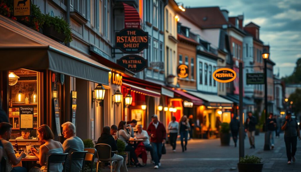 A vibrant street view of restaurants in Sundsvall during twilight, showcasing a diverse range of outdoor dining spaces. In the foreground, a couple of diners enjoy their meals at a charming bistro with cozy lighting and colorful decor. The middle section features a lively sidewalk with people walking, some sipping coffee from nearby cafés, while a few friends gather at a rustic pub with inviting signs. In the background, the distinctive architecture of Sundsvall, including historical buildings and modern eateries, is bathed in warm, ambient light. The image is shot with a Sony A7R IV at 70mm, focusing sharply on the diners, with a polarized filter enhancing color vibrancy and details. The overall mood is warm and welcoming, capturing the essence of Sundsvall's culinary scene.