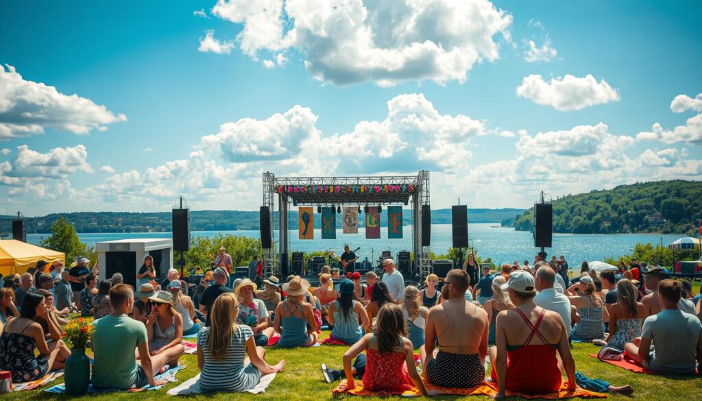 A vibrant summer music festival in Leksand, bustling with energy. In the foreground, diverse festivalgoers in casual attire enjoy live performances while sitting on colorful picnic blankets, surrounded by food stalls and decorations of flowers and fairy lights. The middle ground features a lively stage, adorned with artistic banners and musicians playing electric guitars and drums, exuding joy. In the background, the lush greenery of the Swedish countryside meets the sparkling waters of Lake Siljan, under a bright blue sky with fluffy clouds. The scene is captured using a Sony A7R IV at 70mm, with sharp focus and great depth of field, enhanced by a polarized filter to highlight the vibrancy of colors. The overall mood is festive and cheerful, embodying the spirit of summer celebrations in Leksand. A vibrant summer music festival in Leksand, bustling with energy. In the foreground, diverse festivalgoers in casual attire enjoy live performances while sitting on colorful picnic blankets, surrounded by food stalls and decorations of flowers and fairy lights. The middle ground features a lively stage, adorned with artistic banners and musicians playing electric guitars and drums, exuding joy. In the background, the lush greenery of the Swedish countryside meets the sparkling waters of Lake Siljan, under a bright blue sky with fluffy clouds. The scene is captured using a Sony A7R IV at 70mm, with sharp focus and great depth of field, enhanced by a polarized filter to highlight the vibrancy of colors. The overall mood is festive and cheerful, embodying the spirit of summer celebrations in Leksand.