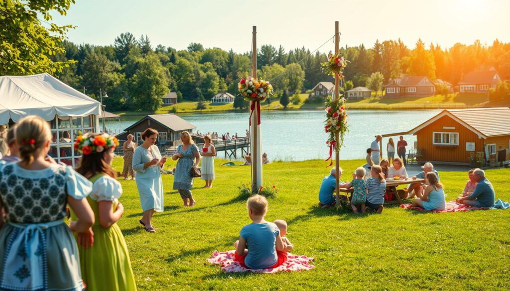 A vibrant summer scene depicting cultural events around Lake Siljan in Dalarna. In the foreground, a traditional midsummer celebration with people dressed in colorful, modest attire engaged in folk dances and activities like flower crown making. The middle ground features beautifully decorated maypoles adorned with flowers and greenery, surrounded by families picnicking on lush grass. In the background, the serene lake shimmers under bright sunlight, with charming Swedish wooden houses dotted along the shore. The image is captured with a Sony A7R IV at 70mm, using a polarized filter for enhanced colors, creating a joyful and warm atmosphere that encapsulates the lively spirit of midsummer festivities.
