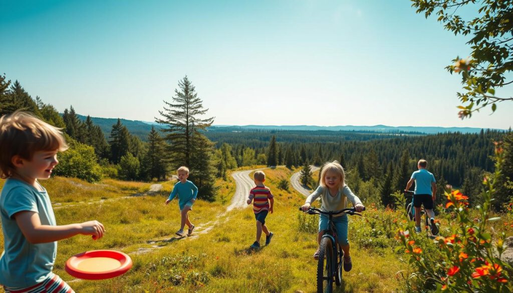 A vibrant summer scene in Orsa Grönklitt, showcasing a family engaged in various outdoor activities. In the foreground, children play with a frisbee on a grassy field, their laughter echoing in the air. In the middle ground, a well-defined hiking trail winds through lush green forests, with vibrant wildflowers dotting the path. Some kids, with modest casual clothing, are seen biking along the trail. In the background, a panoramic view of the majestic trees and rolling hills under a clear blue sky, bathed in warm sunlight. The composition captures the essence of summer activities, conveying a sense of joy and adventure. Shot on a Sony A7R IV at 70mm, with a polarized filter for enhanced colors and clarity, the image is sharply defined and focused, evoking a cheerful and lively atmosphere.