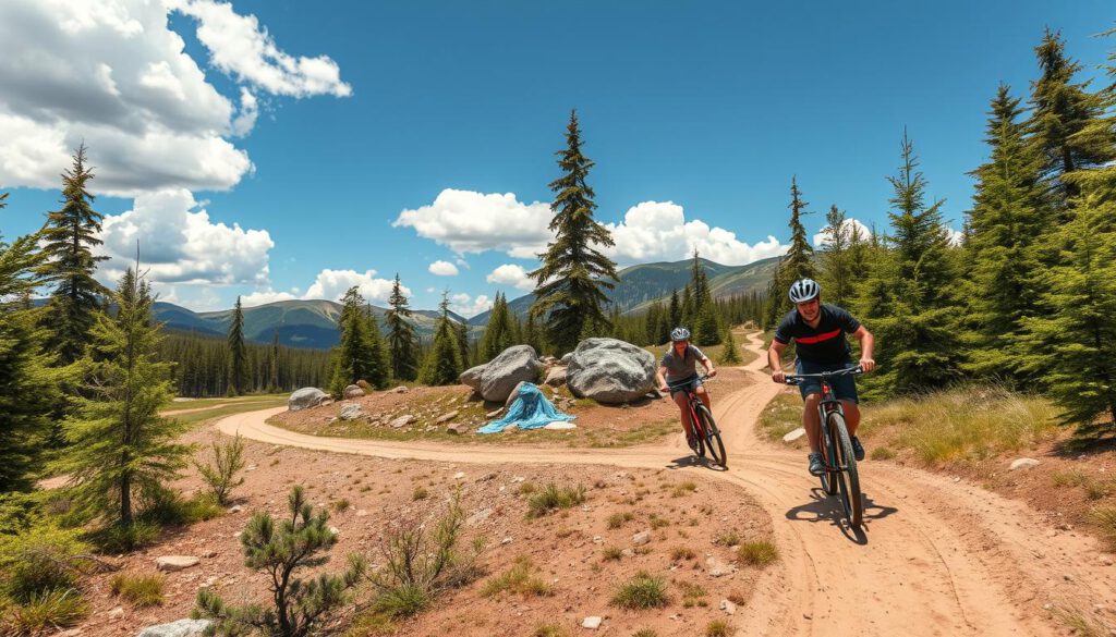 A vibrant view of Åre Trail Park during a sunny day, showcasing thrilling mountain bike trails weaving through lush green forests and rocky terrain. In the foreground, a rugged dirt path with tire tracks highlights active biking. Cyclists in modest casual clothing, wearing helmets, navigate the trails with excitement. The middle ground features a mix of tall pine trees and boulders, creating an adventurous atmosphere. In the background, majestic mountains rise against a clear blue sky with fluffy white clouds, emphasizing the natural beauty of the region. The scene is captured with a Sony A7R IV at 70mm, ensuring clear focus and sharp definition, complemented by a polarized filter to enhance the vibrant colors and contrast. The overall mood conveys adventure, freedom, and the thrill of outdoor biking.