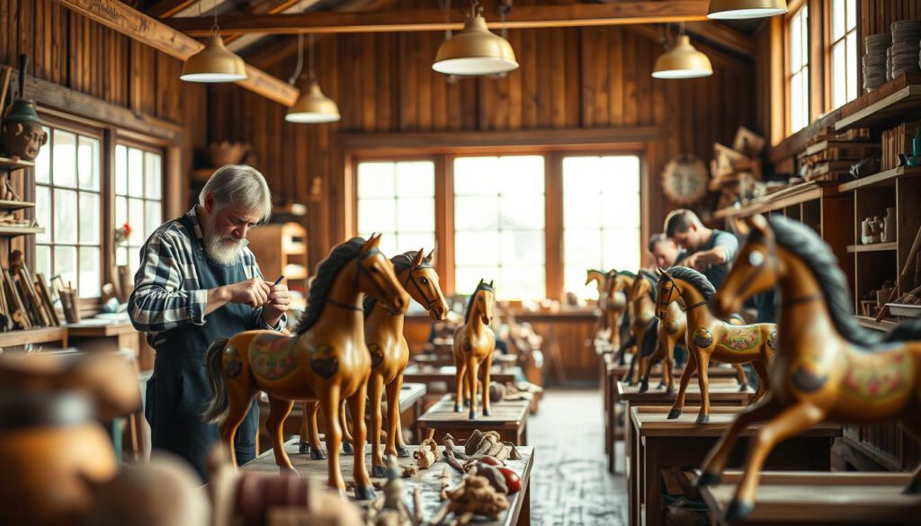A vibrant workshop scene capturing the essence of the Dalapferd-Manufaktur in Nusnäs. In the foreground, skilled artisans, dressed in modest casual clothing, are meticulously handcrafting wooden Dalapferd horses with traditional tools, showcasing their craftsmanship. The middle ground features a display of intricately painted finished horses, highlighting the vibrant colors and detailed designs characteristic of the Dalapferd. In the background, large windows allow soft, natural light to flood the space, illuminating the warm wooden textures of the workshop. The overall atmosphere is inviting and creative, reflecting a blend of tradition and artistry. The image is shot with a Sony A7R IV at 70mm, ensuring a clear, sharply defined focus with a polarized filter enhancing the colors and details. A vibrant workshop scene capturing the essence of the Dalapferd-Manufaktur in Nusnäs. In the foreground, skilled artisans, dressed in modest casual clothing, are meticulously handcrafting wooden Dalapferd horses with traditional tools, showcasing their craftsmanship. The middle ground features a display of intricately painted finished horses, highlighting the vibrant colors and detailed designs characteristic of the Dalapferd. In the background, large windows allow soft, natural light to flood the space, illuminating the warm wooden textures of the workshop. The overall atmosphere is inviting and creative, reflecting a blend of tradition and artistry. The image is shot with a Sony A7R IV at 70mm, ensuring a clear, sharply defined focus with a polarized filter enhancing the colors and details.