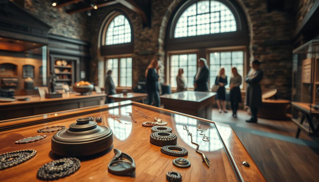 A vivid and detailed depiction of the Birka Museum's exhibits, showcasing an array of Viking artifacts including intricately designed jewelry, tools, and historical replicas. In the foreground, a polished wooden display case highlights these treasures, with a focus on their textures and craftsmanship. The middle ground features visitors observing the exhibits, dressed in modest casual clothing, engaged in conversations about Viking history. In the background, large windows allow soft, natural light to stream in, creating a warm and inviting atmosphere. The room is filled with rich wooden textures and stone walls that echo the Viking era. The composition is captured with a Sony A7R IV at 70mm, ensuring sharp details and a professional look, enhanced by a polarized filter to reduce glare and enhance colors. A vivid and detailed depiction of the Birka Museum's exhibits, showcasing an array of Viking artifacts including intricately designed jewelry, tools, and historical replicas. In the foreground, a polished wooden display case highlights these treasures, with a focus on their textures and craftsmanship. The middle ground features visitors observing the exhibits, dressed in modest casual clothing, engaged in conversations about Viking history. In the background, large windows allow soft, natural light to stream in, creating a warm and inviting atmosphere. The room is filled with rich wooden textures and stone walls that echo the Viking era. The composition is captured with a Sony A7R IV at 70mm, ensuring sharp details and a professional look, enhanced by a polarized filter to reduce glare and enhance colors.